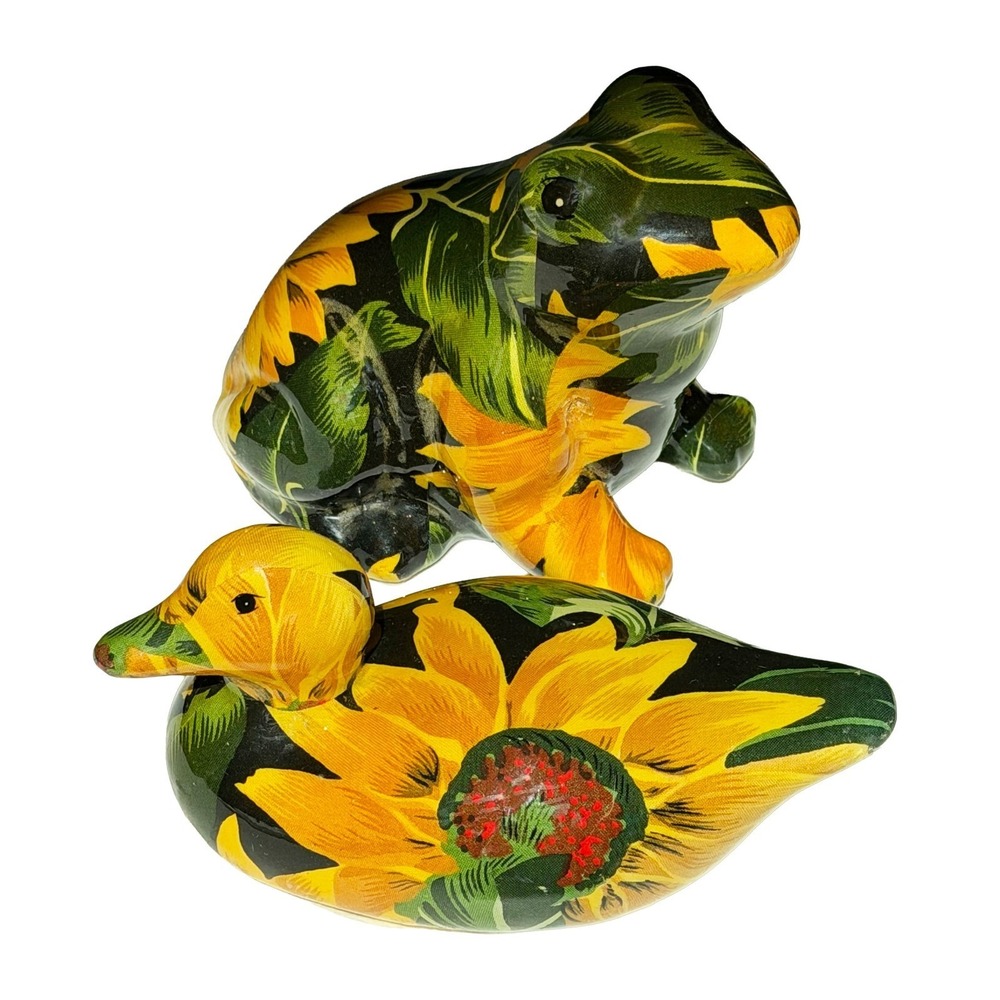 Duck Frog Floral Sunflower Decoupage Ceramic Figurine Set 2 Duck 7.25" Frog 6.5"